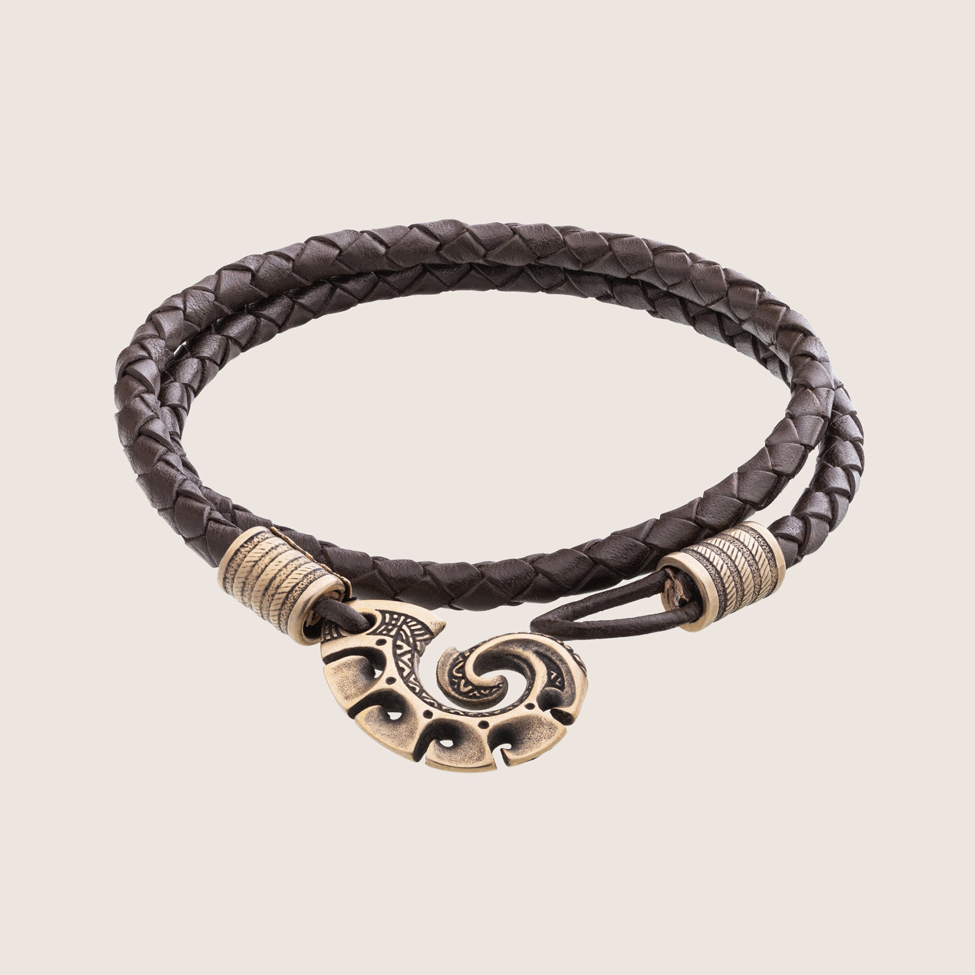 Maori Fish Hook Leather Bracelet – Handmade Bronze Jewelry