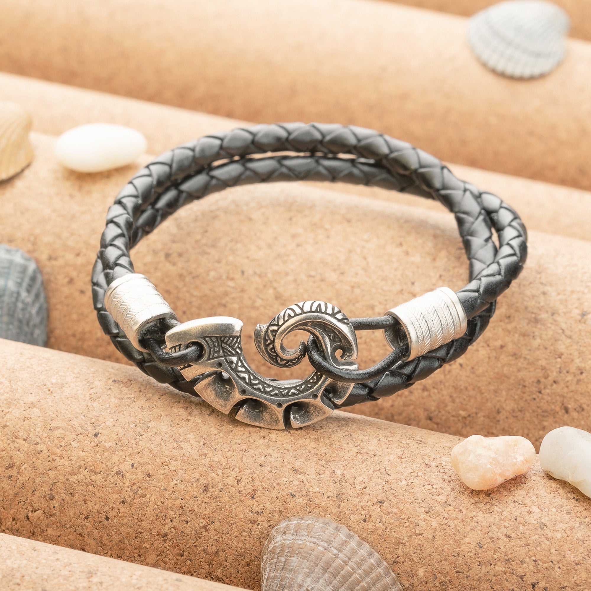 Maori Fish Hook Leather Bracelet – Handmade Bronze Jewelry