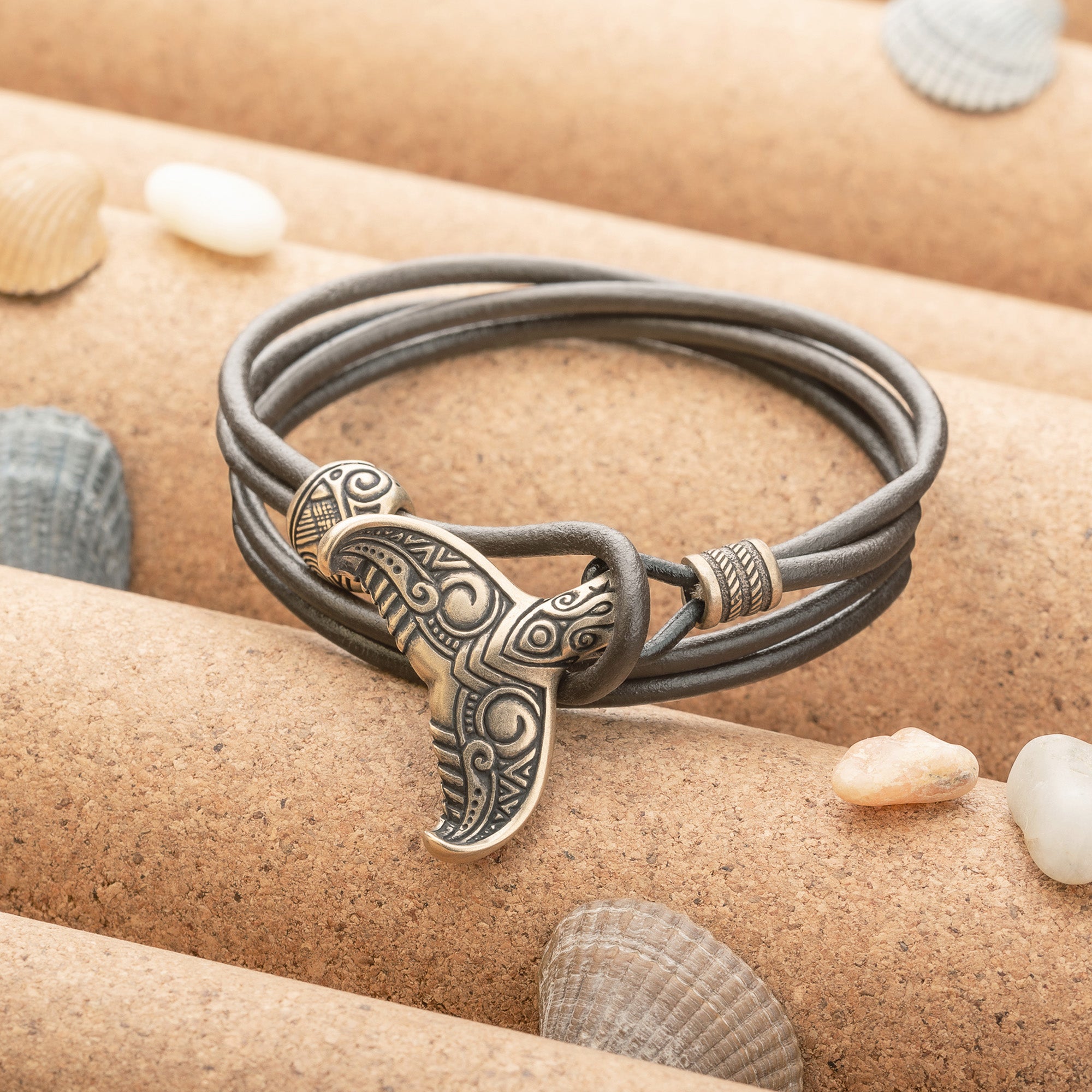 Whale Tail Leather Bracelet – Handmade Bronze Ocean Jewelry