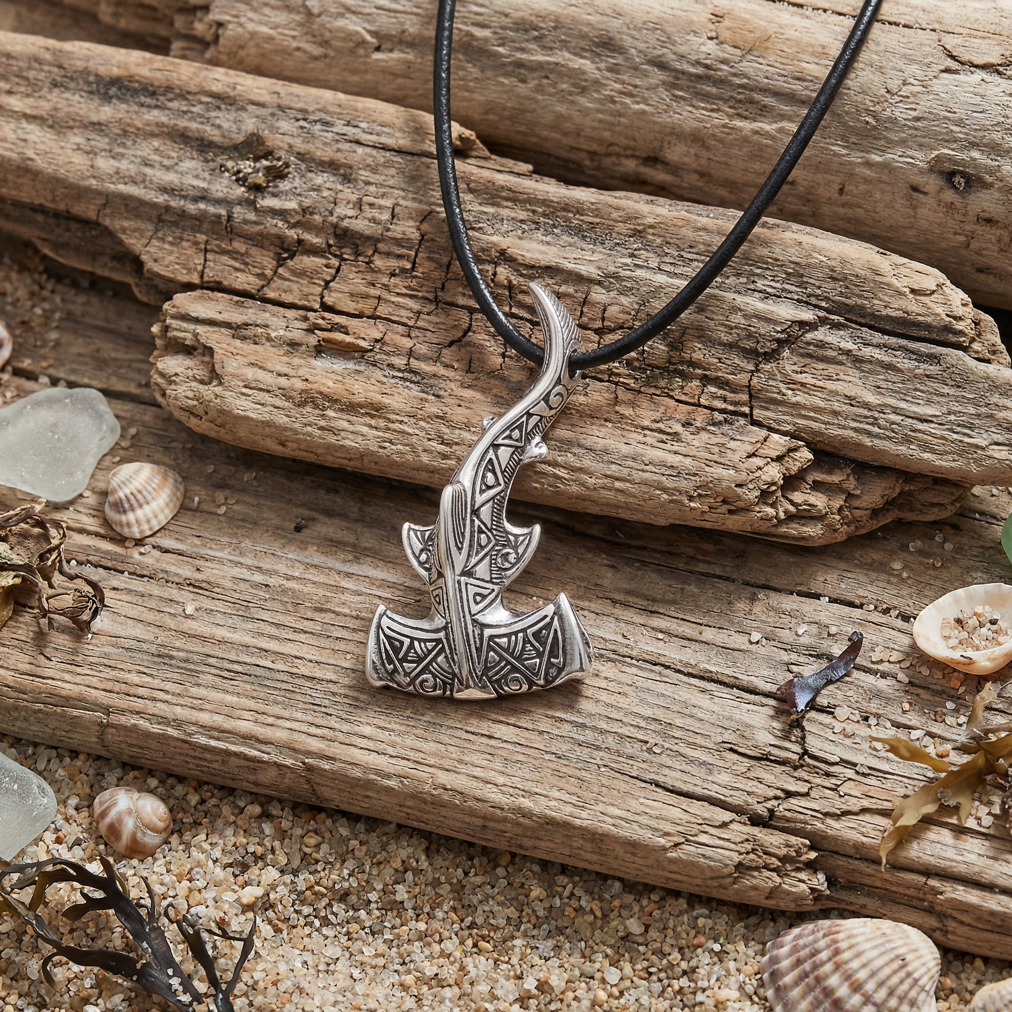 Hammerhead Shark Silver-plated Bronze Pendant – Handmade Ocean Tribal Jewelry
