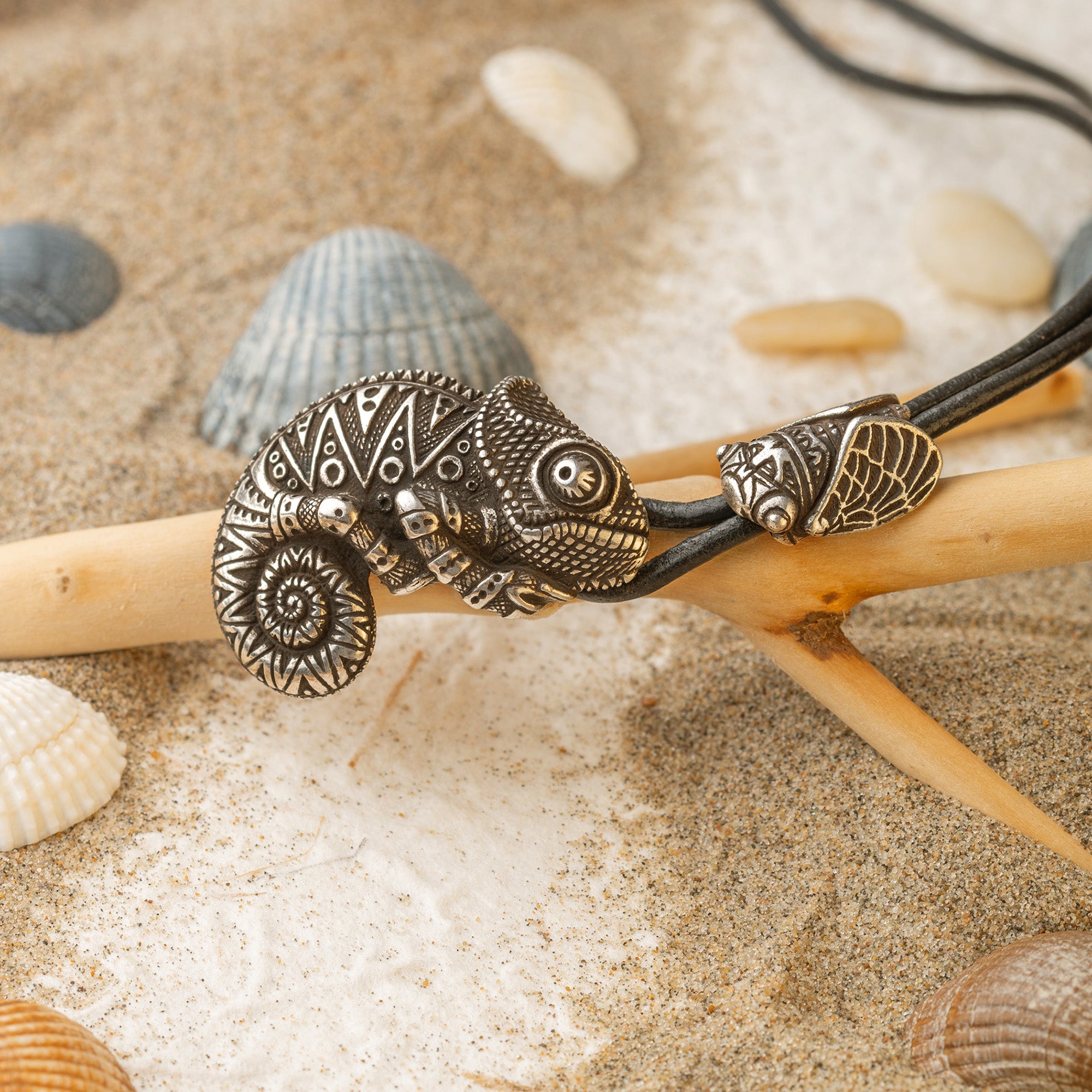 Chameleon & Cicada Pendant – Silver-Plated Bronze Tribal Jewelry