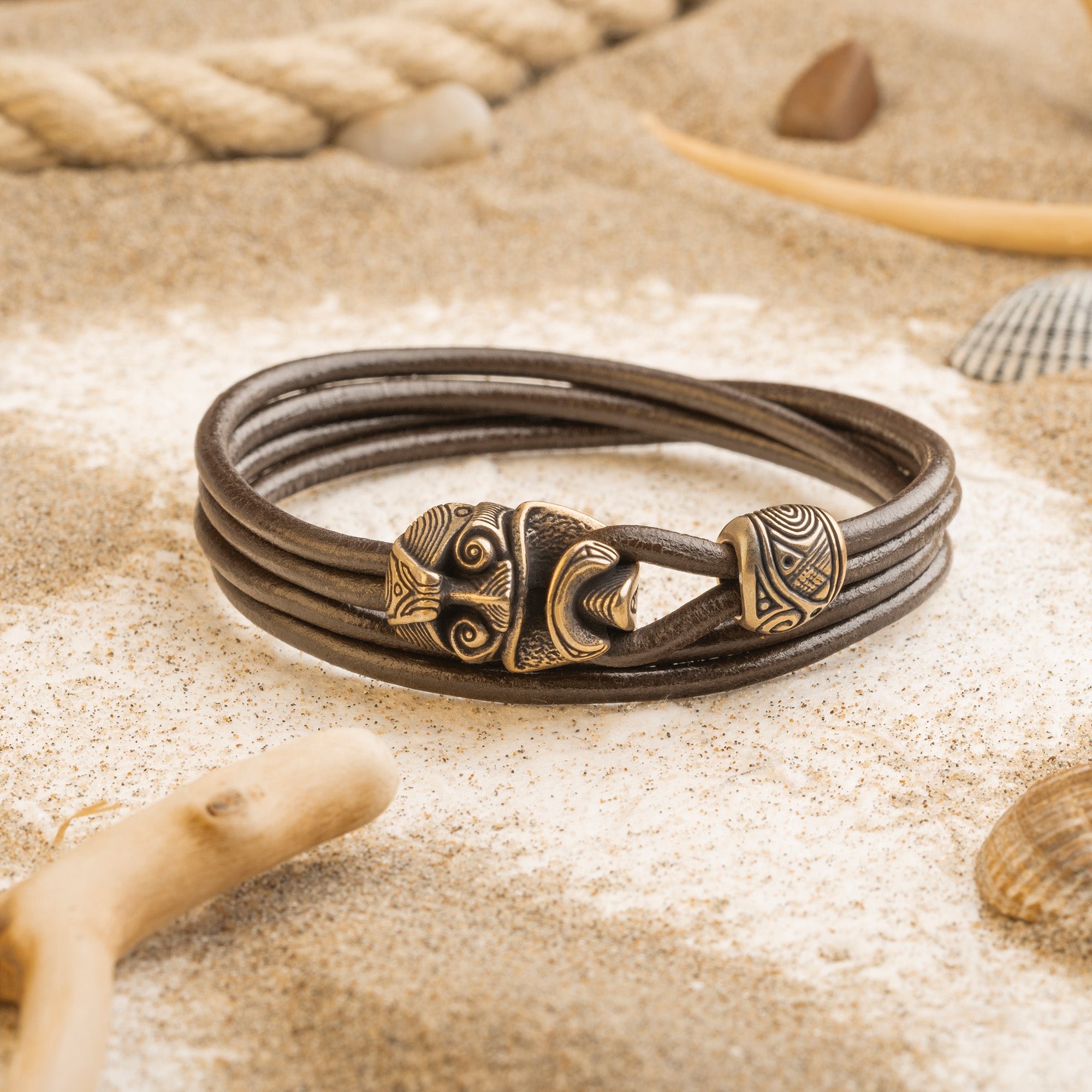 Warrior Mask Leather Bracelet – Tribal-Inspired Bronze Jewelry
