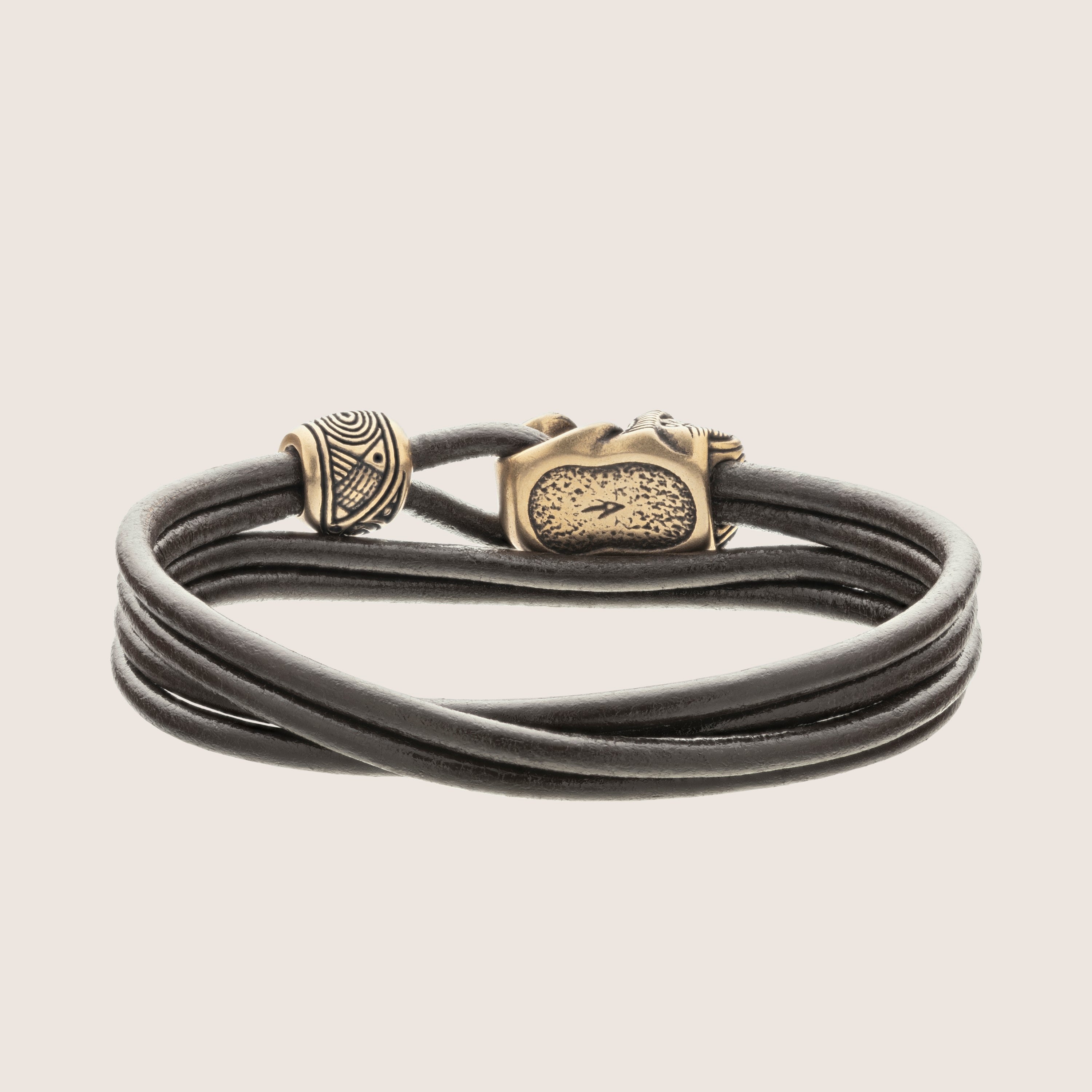 Warrior Mask Leather Bracelet – Tribal-Inspired Bronze Jewelry