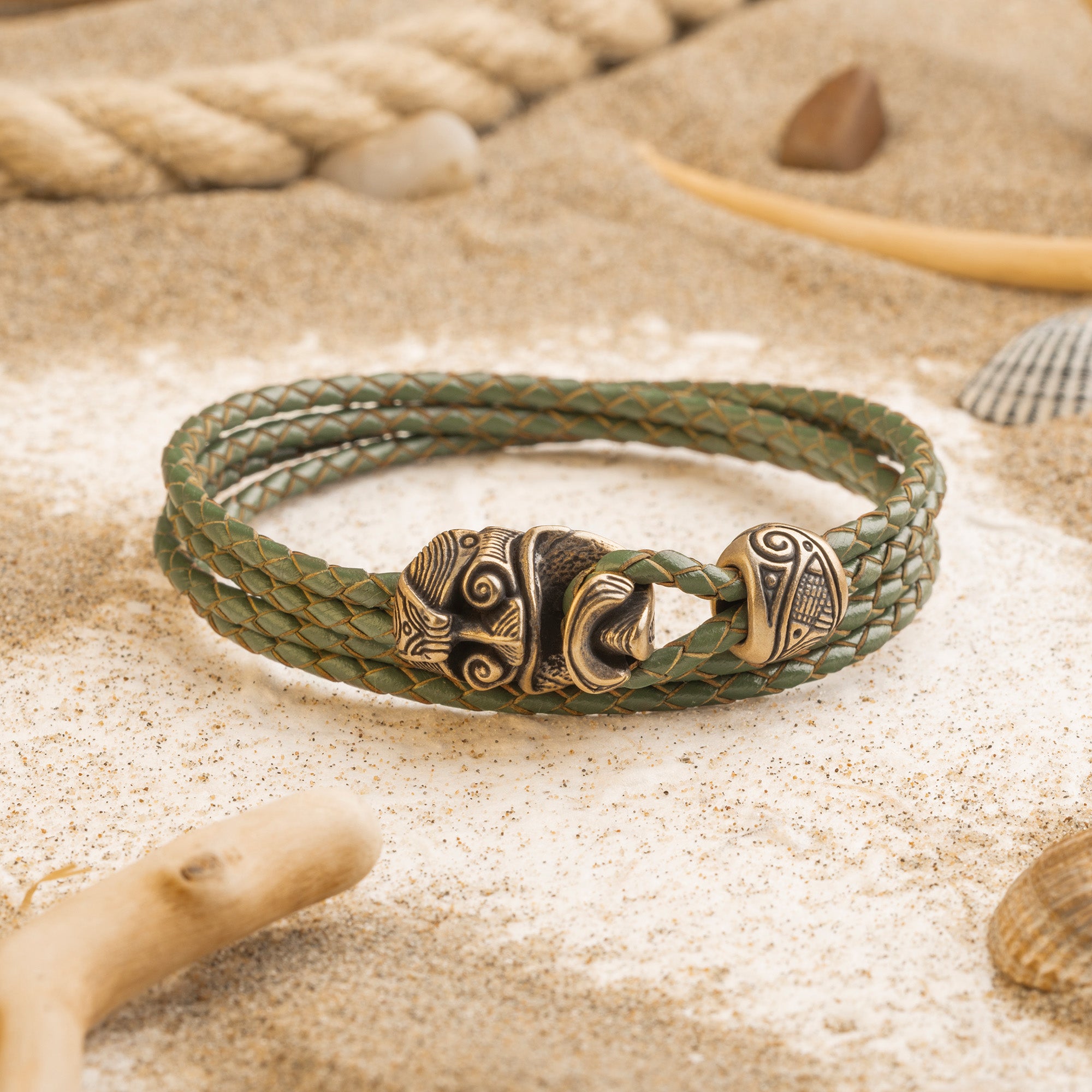 Warrior Mask Leather Bracelet – Tribal-Inspired Bronze Jewelry