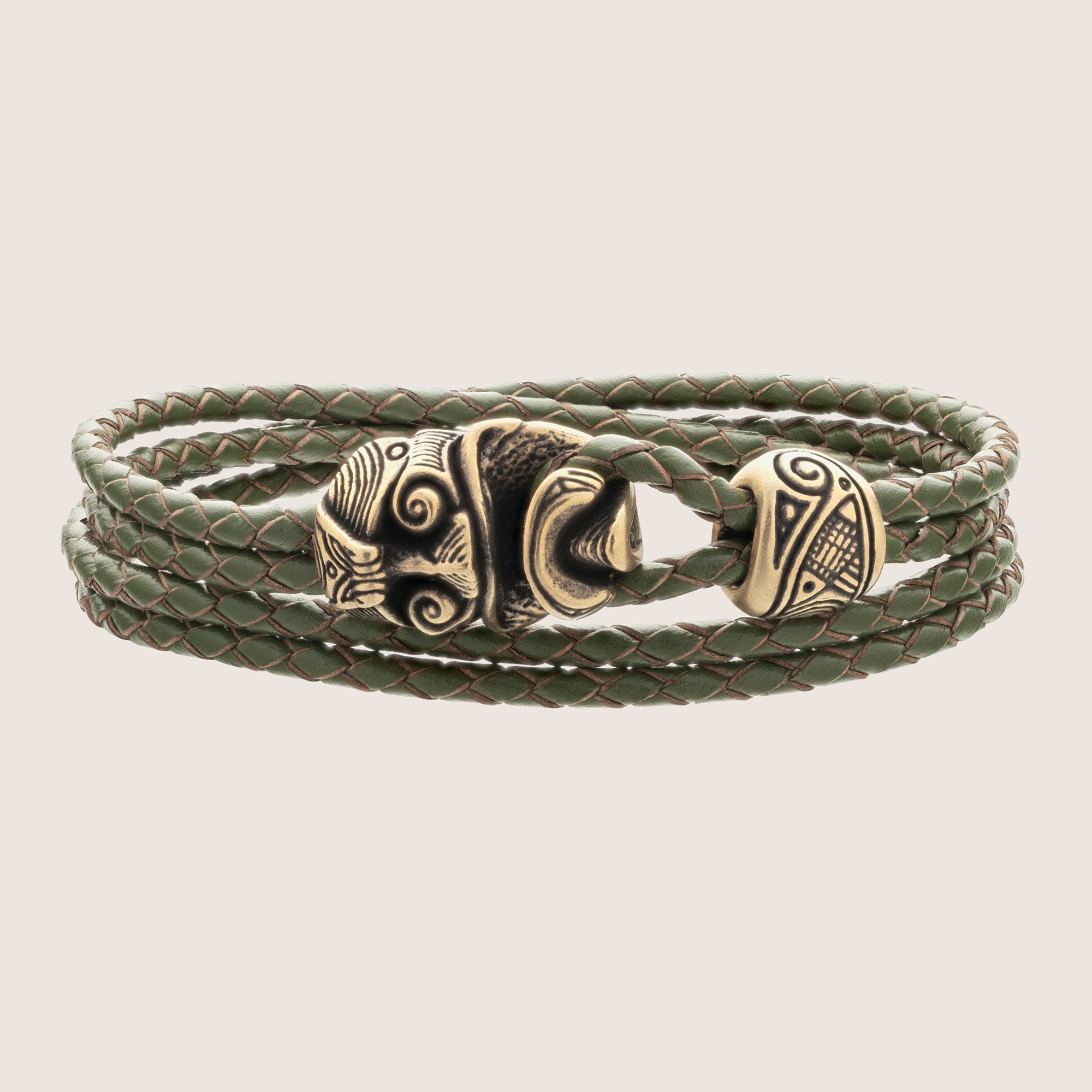 Warrior Mask Leather Bracelet – Tribal-Inspired Bronze Jewelry