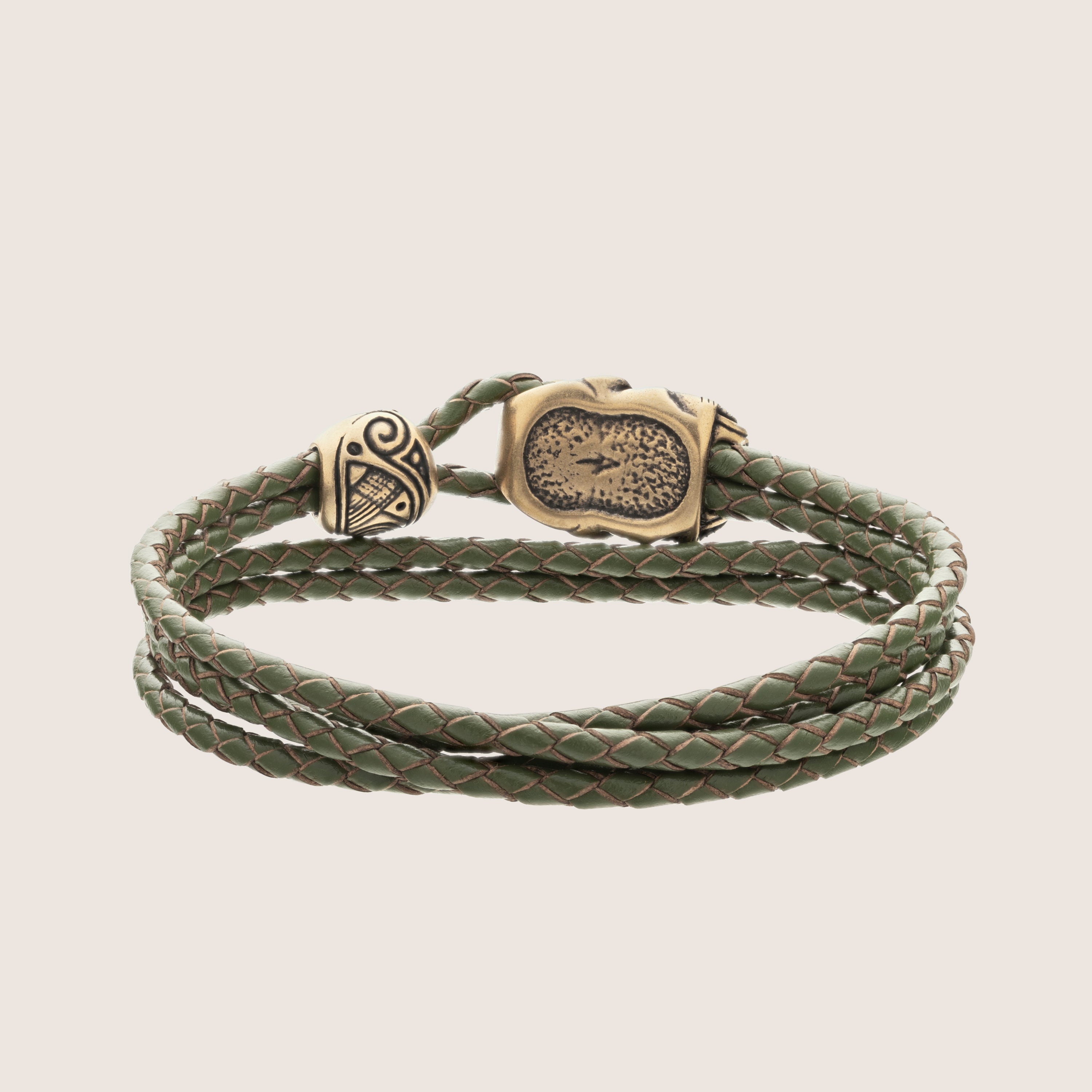 Warrior Mask Leather Bracelet – Tribal-Inspired Bronze Jewelry