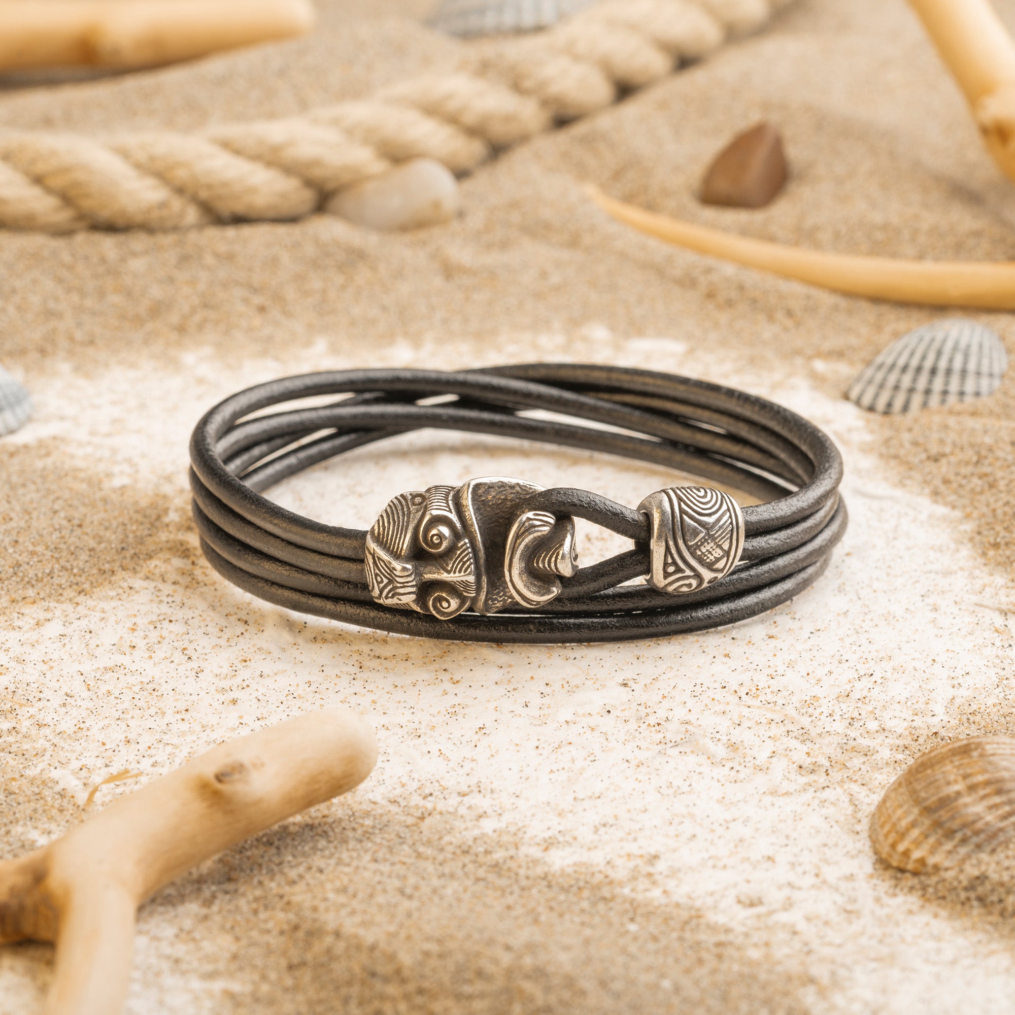 Warrior Mask Leather Bracelet – Tribal-Inspired Bronze Jewelry