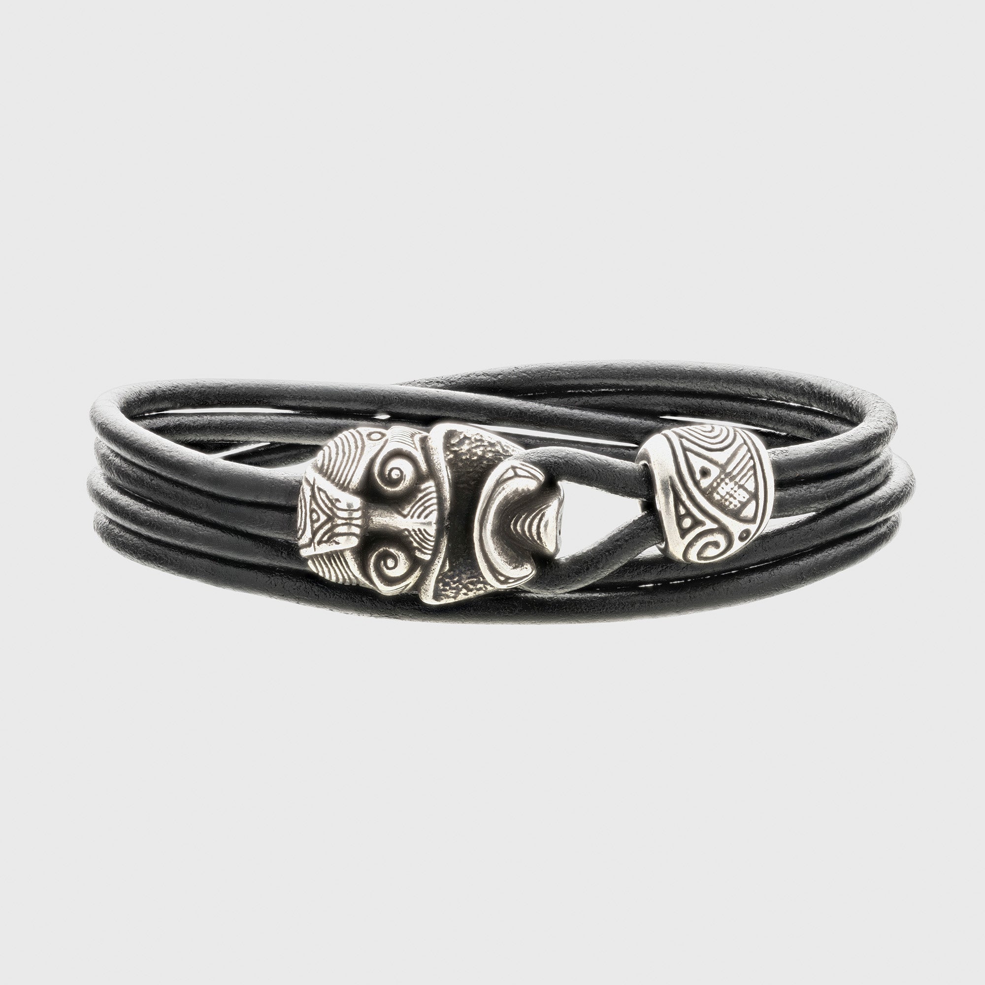Warrior Mask Leather Bracelet – Tribal-Inspired Bronze Jewelry