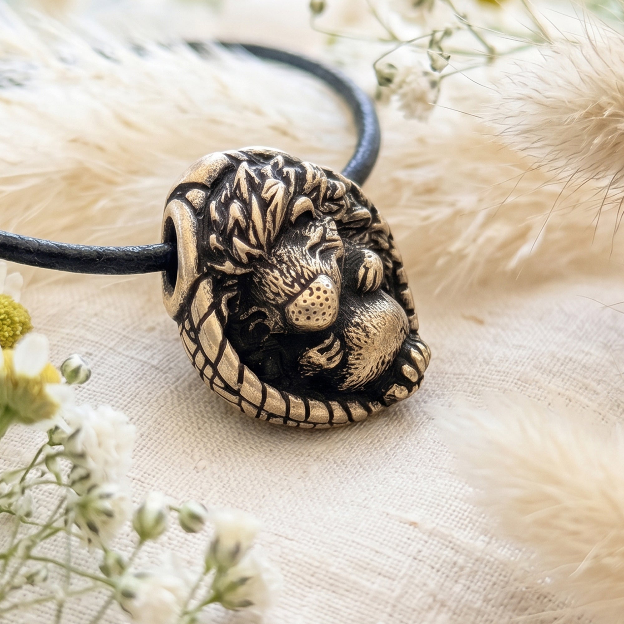 Sleeping Hedgehog in Basket – Bronze Miniature, Desk Decor & Keychain