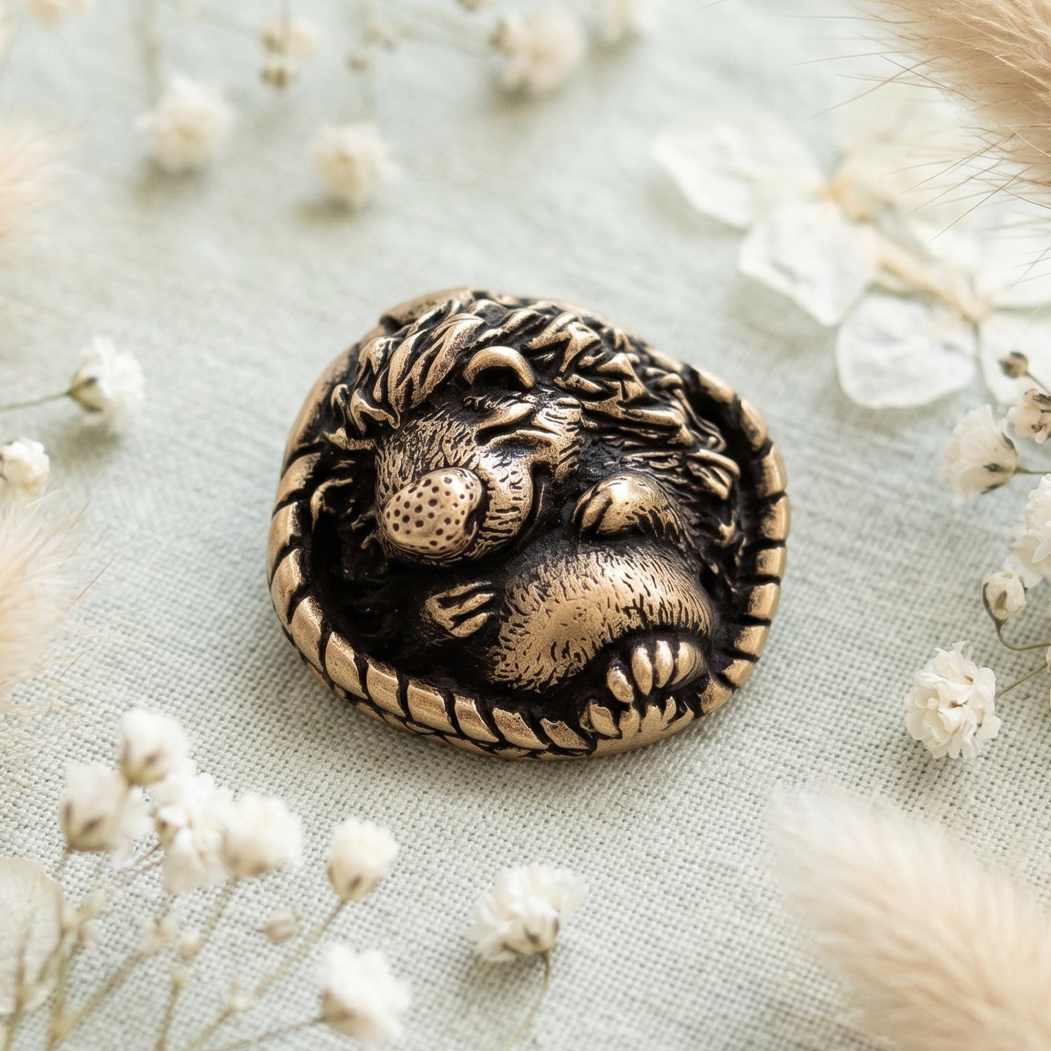 Sleeping Hedgehog in Basket – Bronze Miniature, Desk Decor & Keychain