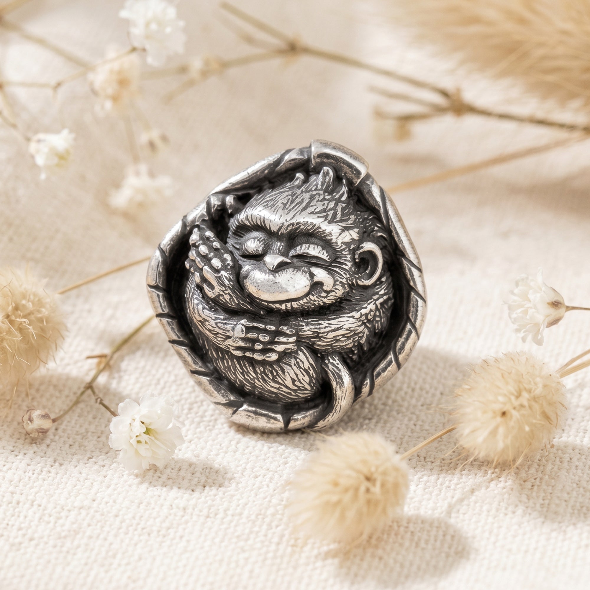 Sleeping Monkey in Basket – Bronze Miniature, Desk Decor & Keychain