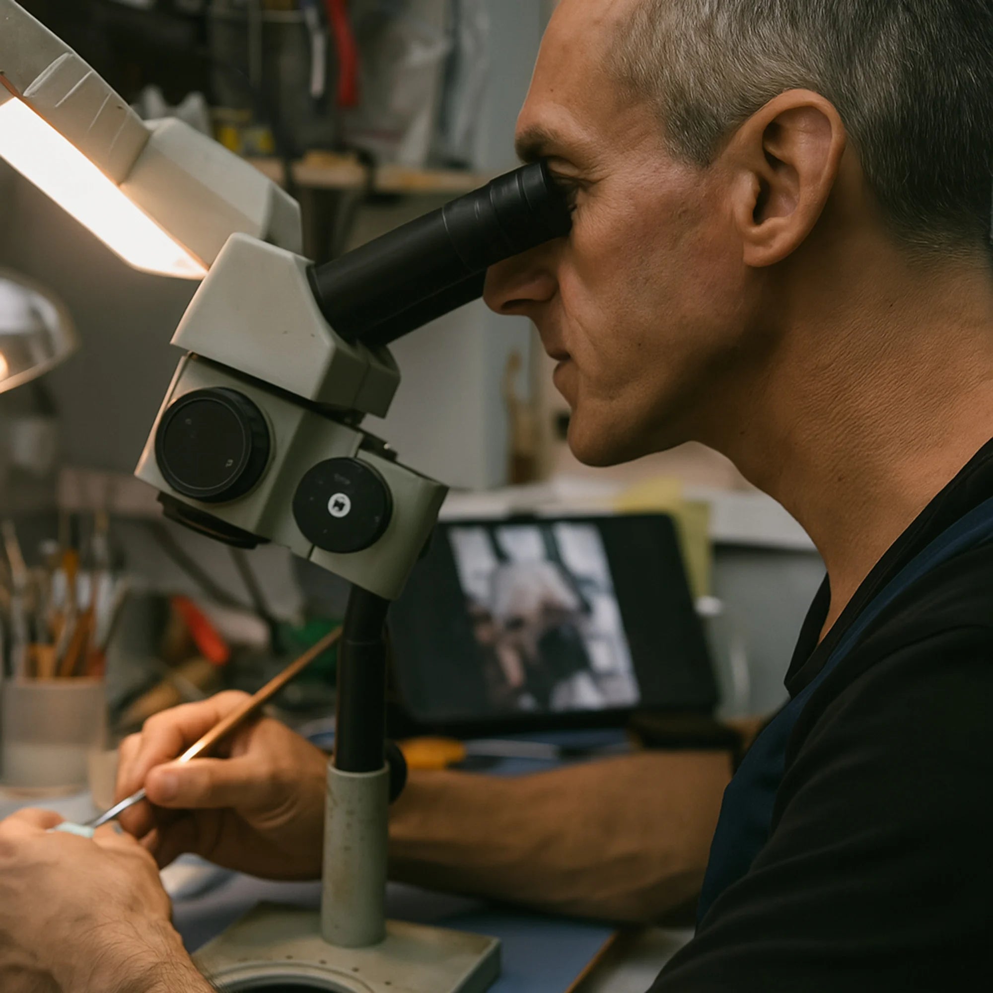 A man in a workshop peers through a microscope mounted on a stand, with a bright lamp on the left and tools in the background.