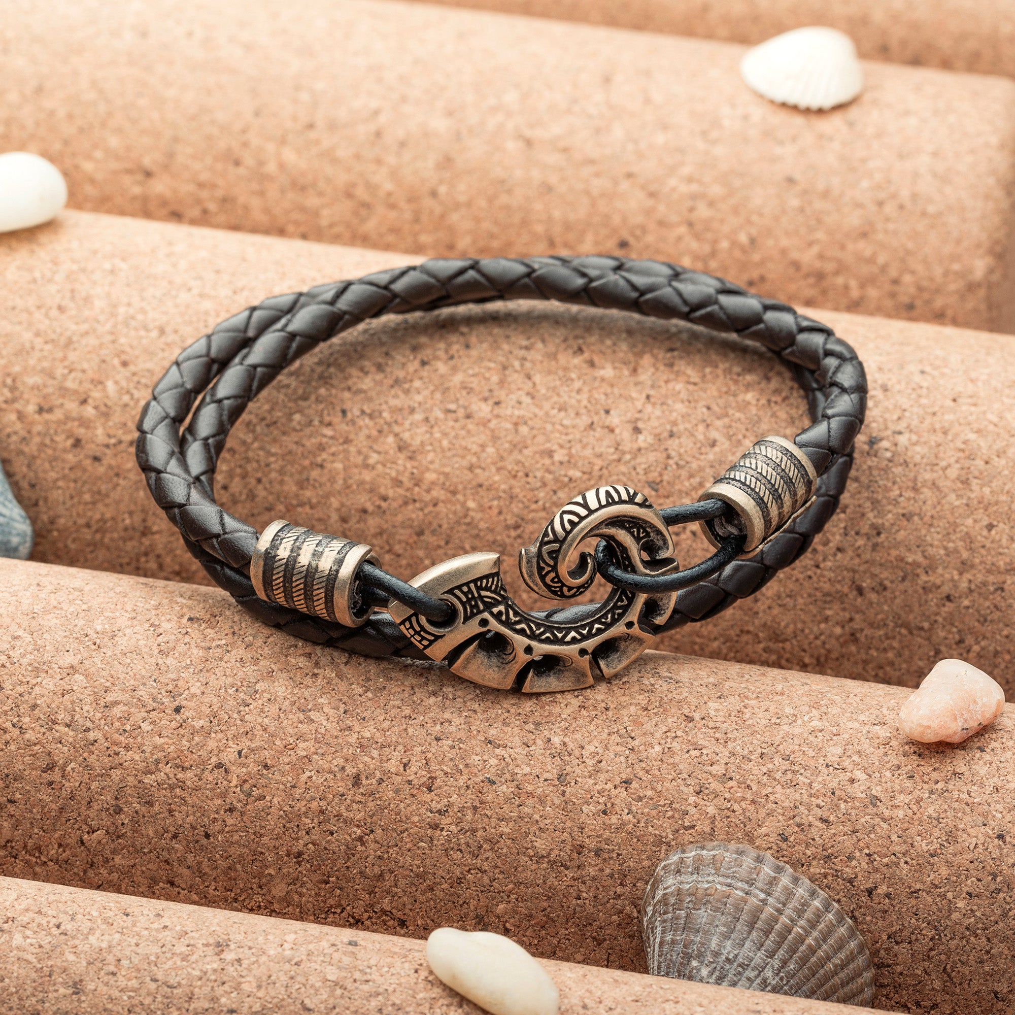 Maori Fish Hook Leather Bracelet – Handmade Bronze Jewelry