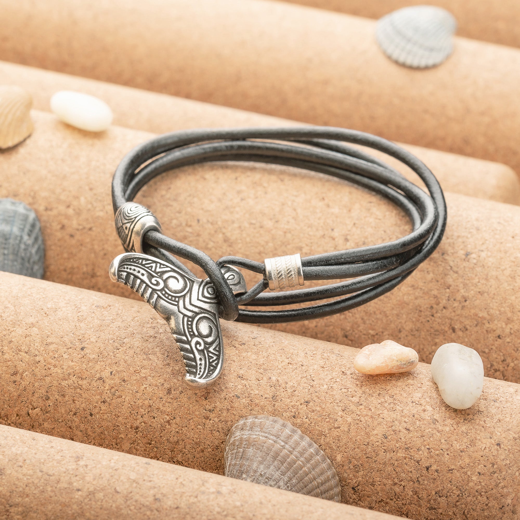 Whale Tail Leather Bracelet – Handmade Bronze Ocean Jewelry