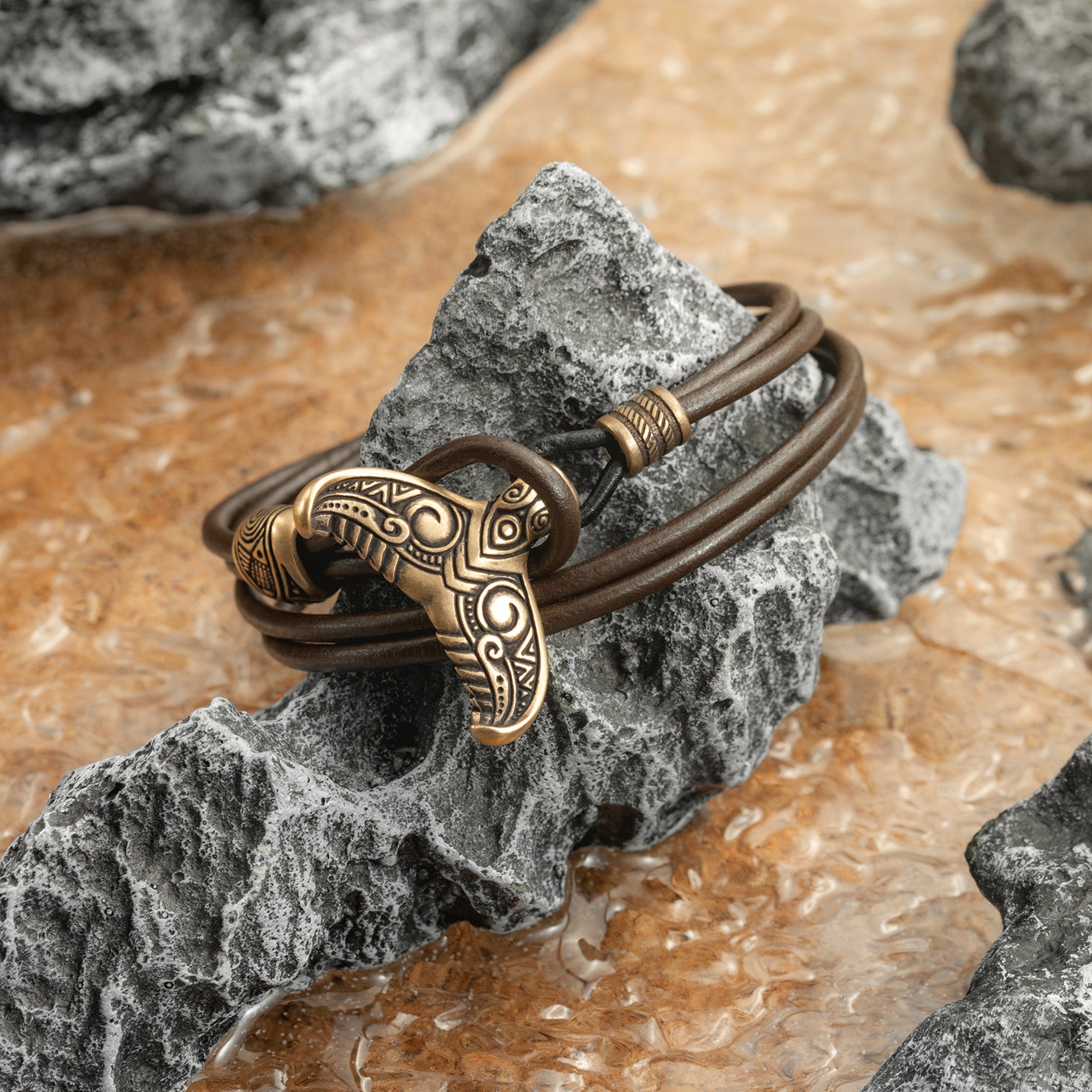 Whale Tail Leather Bracelet – Handmade Bronze Ocean Jewelry