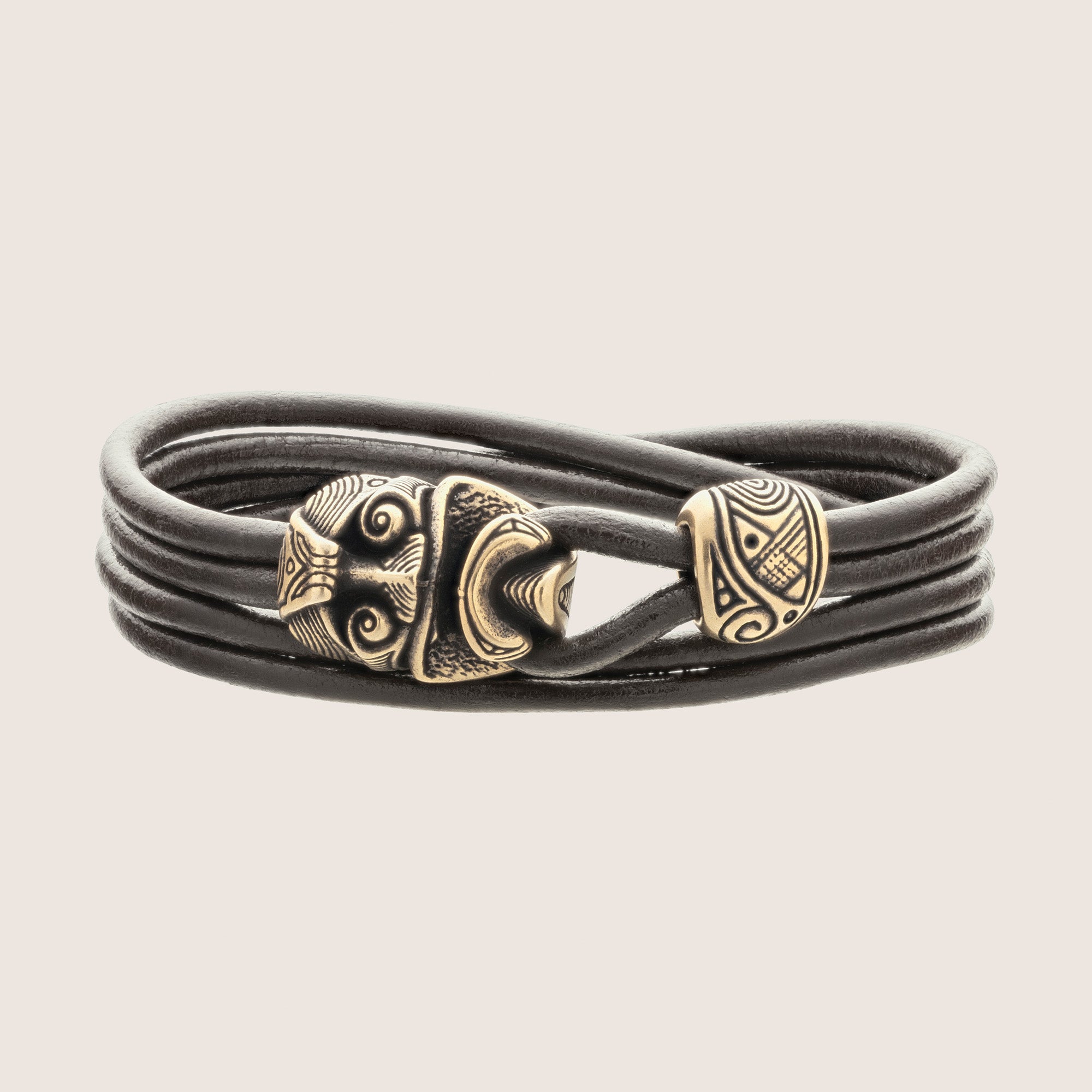 Warrior Mask Leather Bracelet – Tribal-Inspired Bronze Jewelry