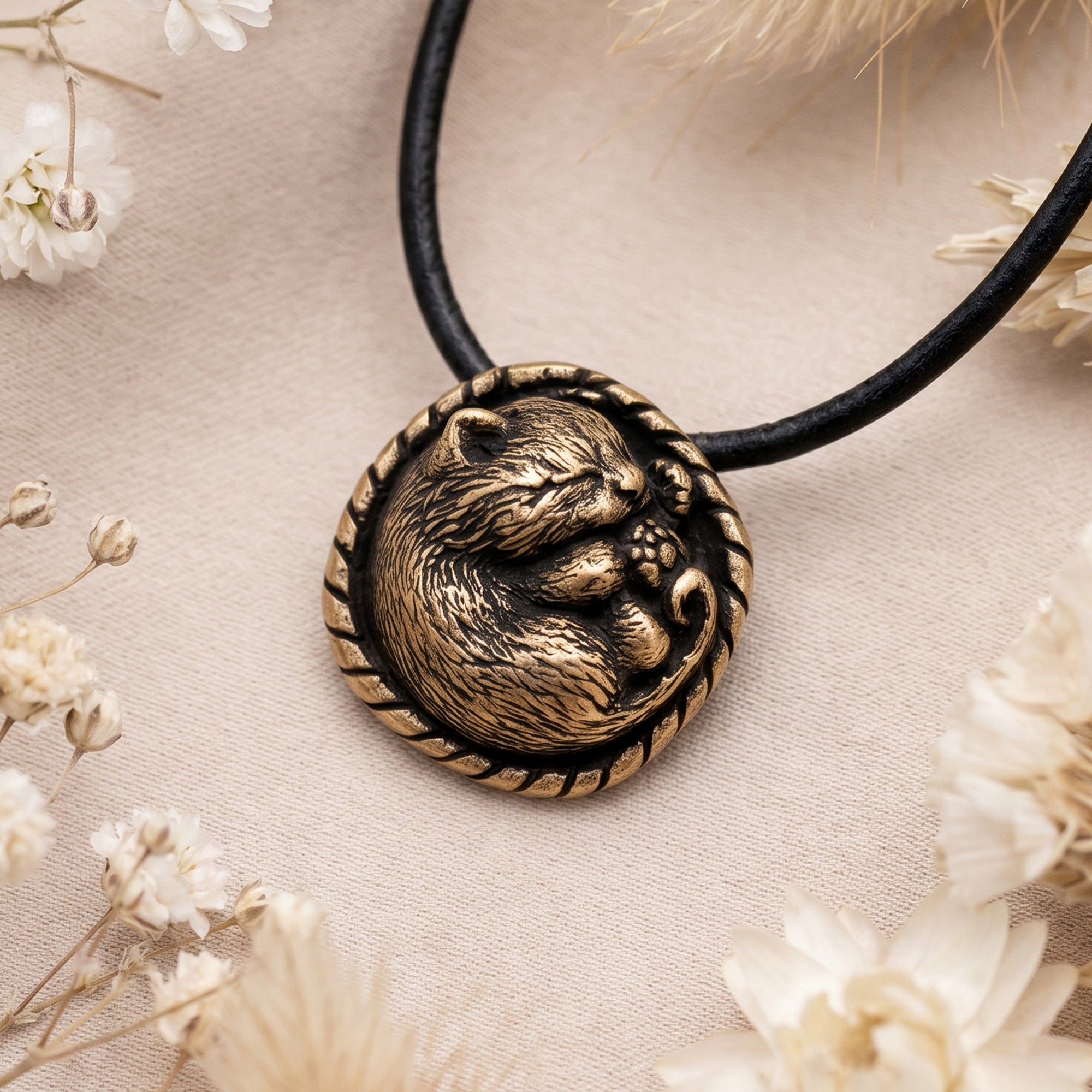Sleeping Cat in Basket – Bronze Miniature, Desk Decor & Keychain