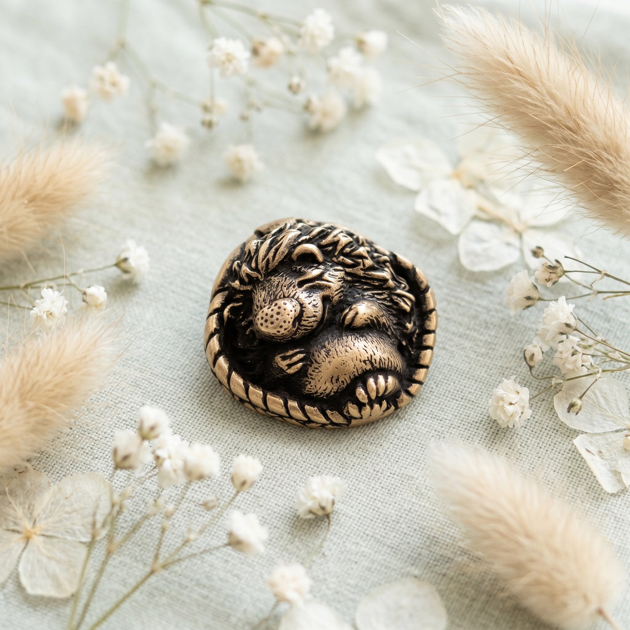 Sleeping Hedgehog in Basket – Bronze Miniature, Desk Decor & Keychain