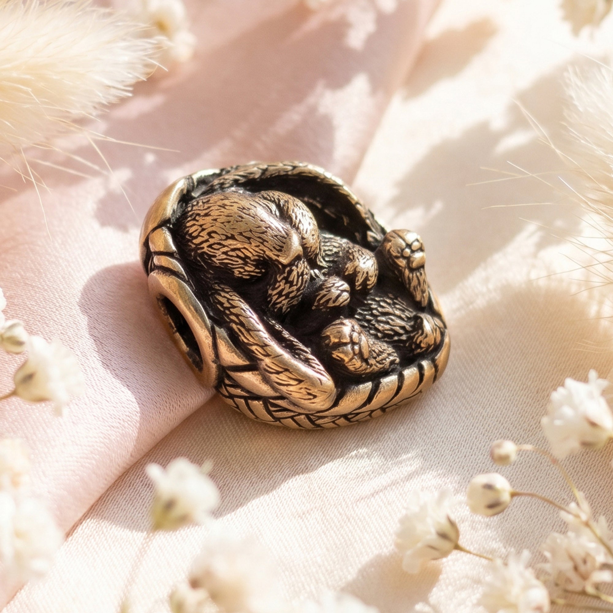 Sleeping Bunny in Basket – Bronze Miniature, Desk Decor & Keychain