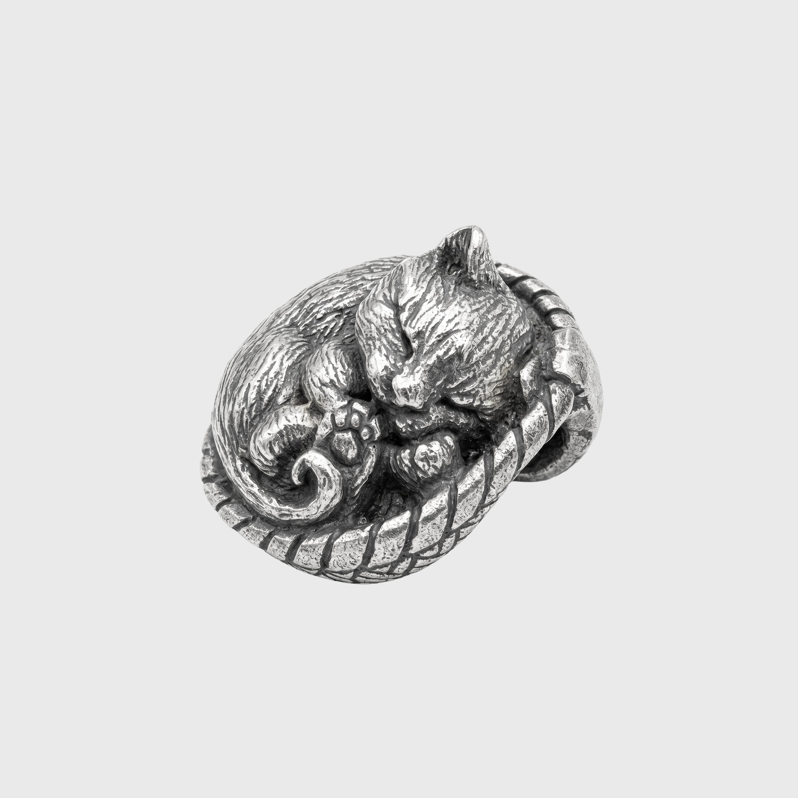 Sleeping Cat in Basket – Bronze Miniature, Desk Decor & Keychain