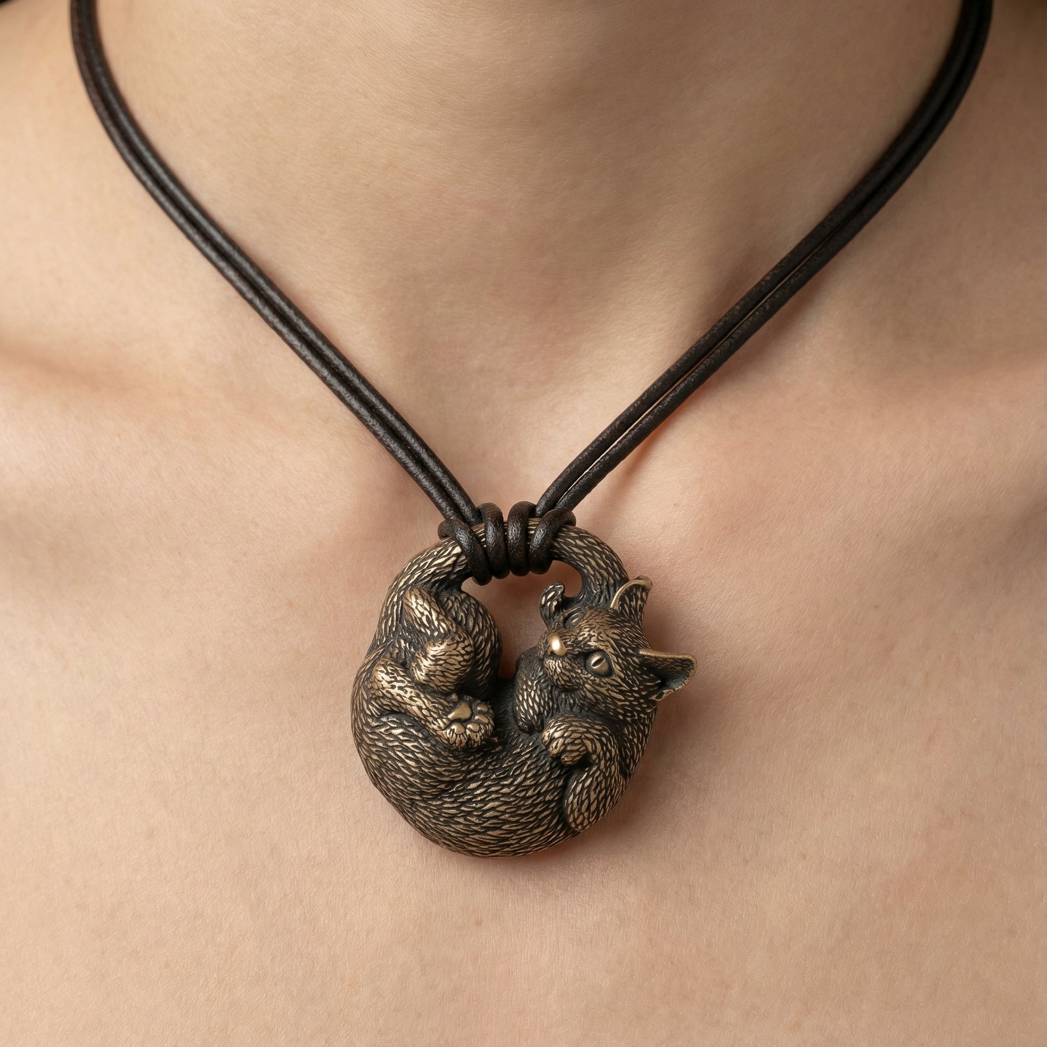 Cat Bronze Miniature – Handmade Figurine & Wearable Pendant